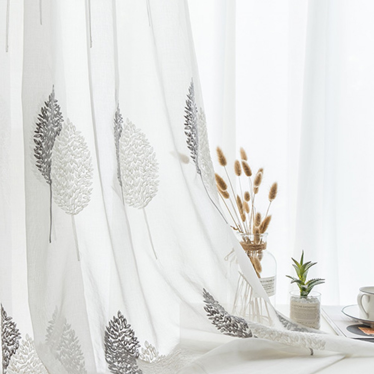 雙色樹簡約現代客廳臥室飄窗落地窗白色窗紗簾
