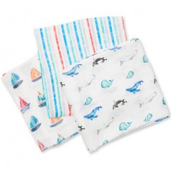 【Lulujo Baby】加拿大品牌嬰兒海上航行包巾（三條裝）,新生兒竹棉包巾抱被,寶寶浴巾空調蓋毯,防驚跳繈褓巾
