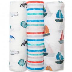 【Lulujo Baby】加拿大品牌嬰兒海上航行包巾（三條裝）,新生兒竹棉包巾抱被,寶寶浴巾空調蓋毯,防驚跳繈褓巾