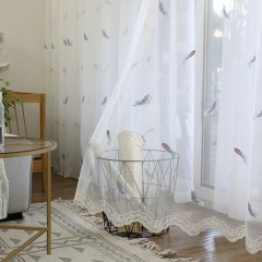 簡約現代白色藍色羽毛客廳臥室書房透光不透人窗紗簾