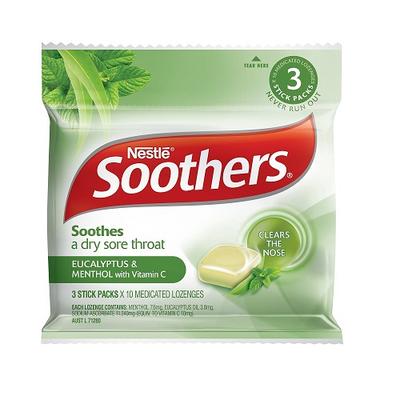 Soothers Eucalyptus & Menthol Medicated Lozenges 3 Stick Packs X 10