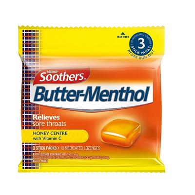 Soothers Butter-Menthol Medicated Lozenges 3 Stick Packs X 10
