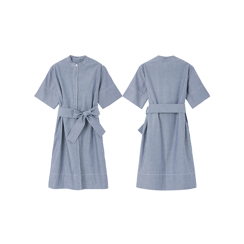 女式立領束腰純棉條紋襯衫裙