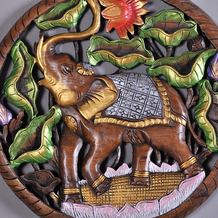 泰國工藝品 圓形雙象雕花板 東南亞風格牆面裝飾掛板