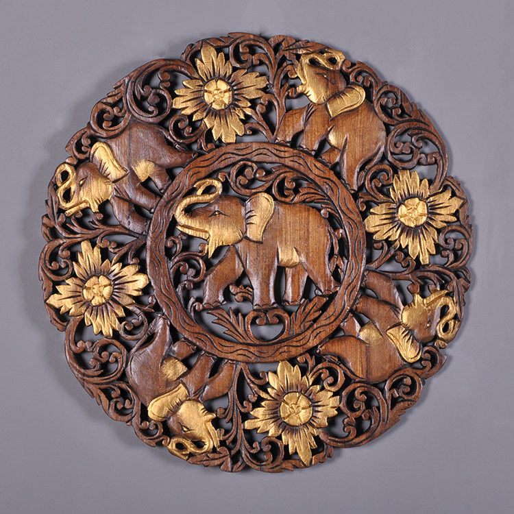 泰國工藝品圓形五象雕花板 裝飾掛板
