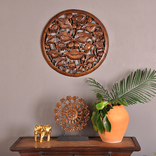 泰國工藝品 圓形荷葉木雕花板