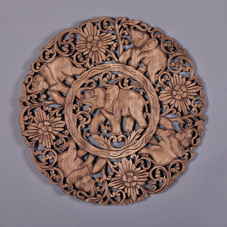 泰國工藝品圓形五象雕花板 裝飾掛板