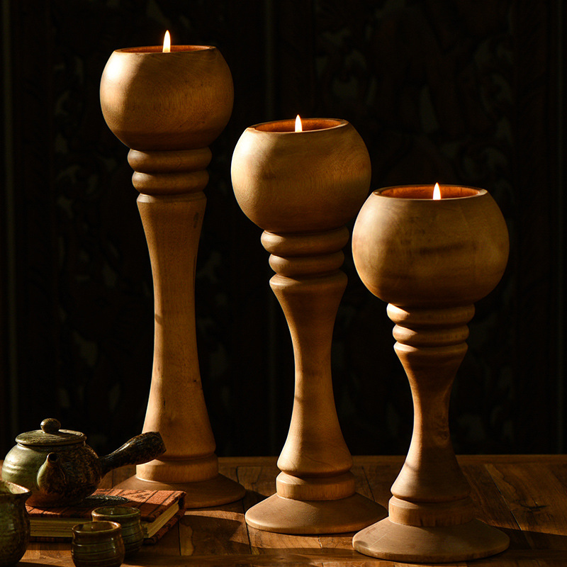 泰國進口原木燭台浪漫復古做舊放蠟燭供佛木製蠟燭