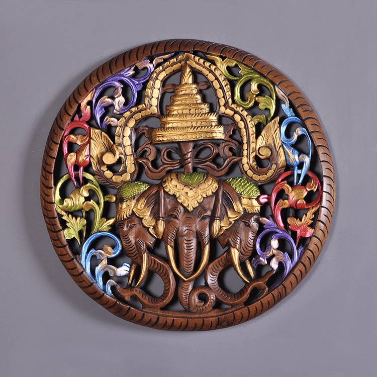 泰國工藝品 圓形雙象雕花板 東南亞風格牆面裝飾掛板