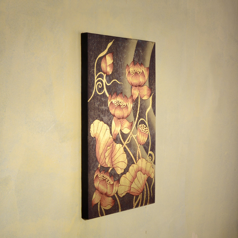 泰國進口客廳裝飾畫 實木邊框金箔荷花掛件