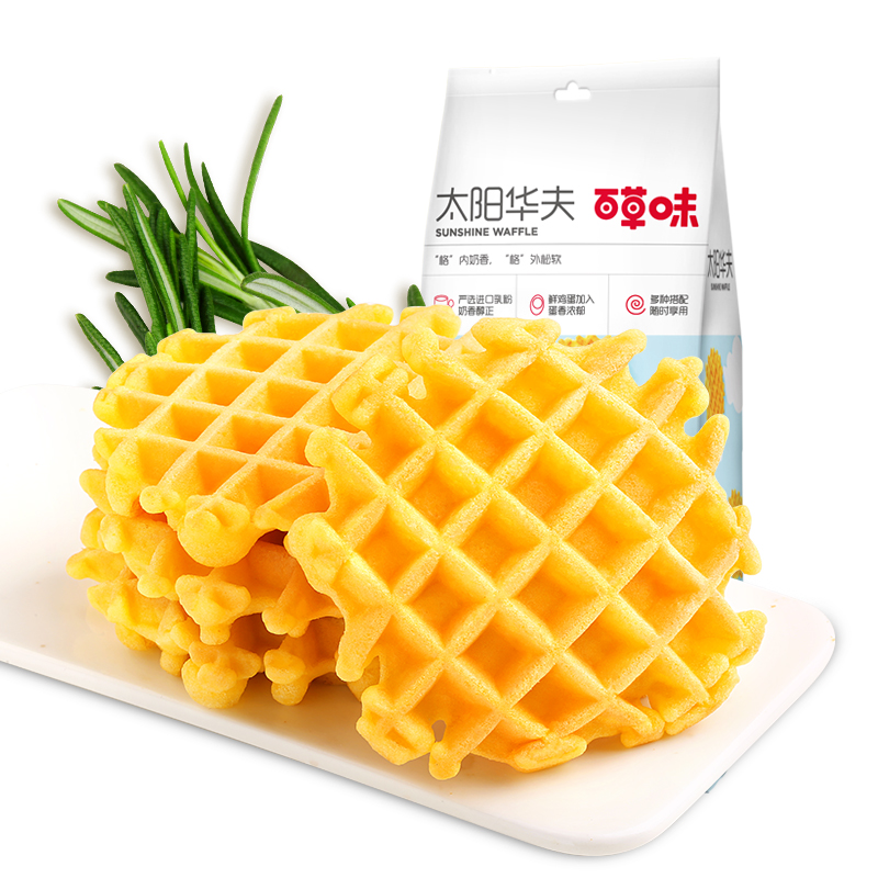 【百草味-太陽華夫餅200g】早餐蛋糕手撕面包網紅零食袋裝