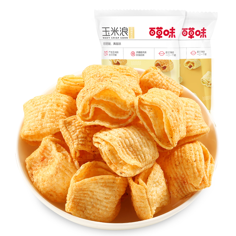 【百草味-玉米浪40g】玉米薯片膨化烤肉味休閒零食