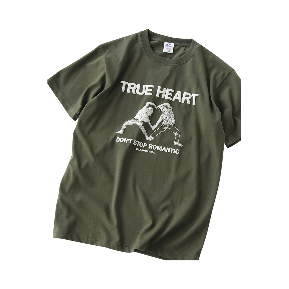 gym master TRUE HEART浪漫不停情侶趣味印花純棉T恤 橄欖綠
