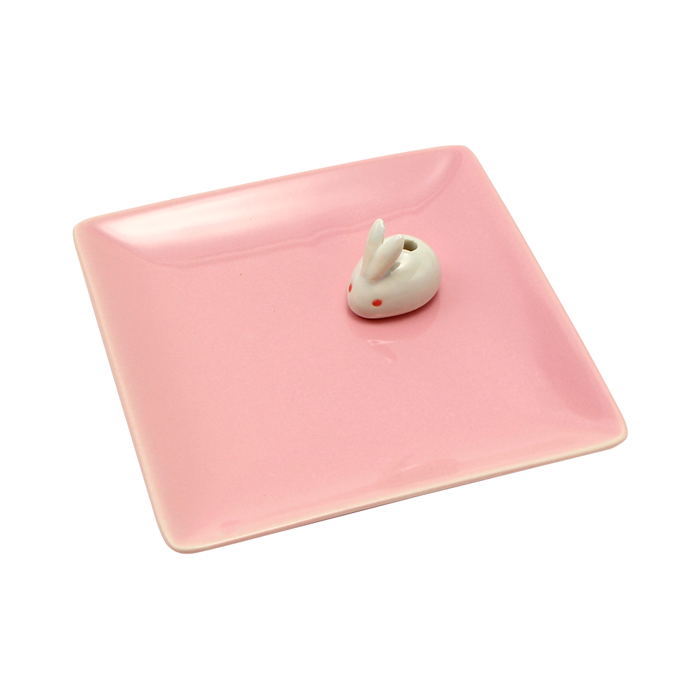 日本香堂 陶瓷香盤＆白兔香立 粉色 1個