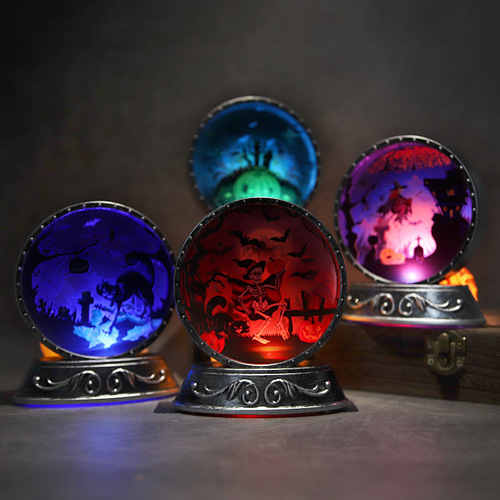 萬聖節裝飾南瓜燈 新款復古工藝銅鏡燈巫婆骷髏圖案led電子蠟燭燈