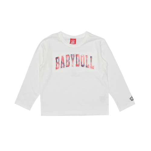 BABYDOLL 格子花紋浮雕logo兒童長袖T恤 白色