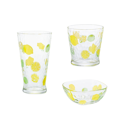 ISHIZUKA GLASS 石塚硝子 可愛水果圖案方形玻璃碗 檸檬3件套