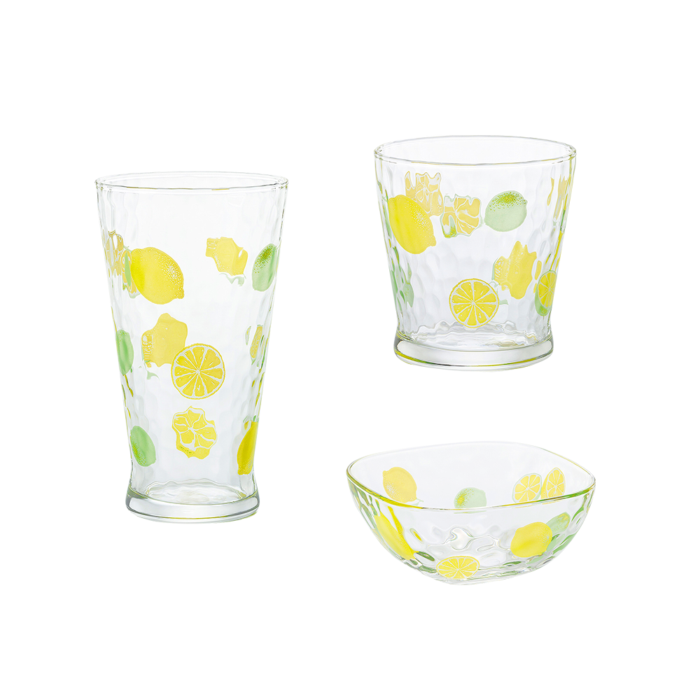 ISHIZUKA GLASS 石塚硝子 可愛水果圖案方形玻璃碗 檸檬3件套