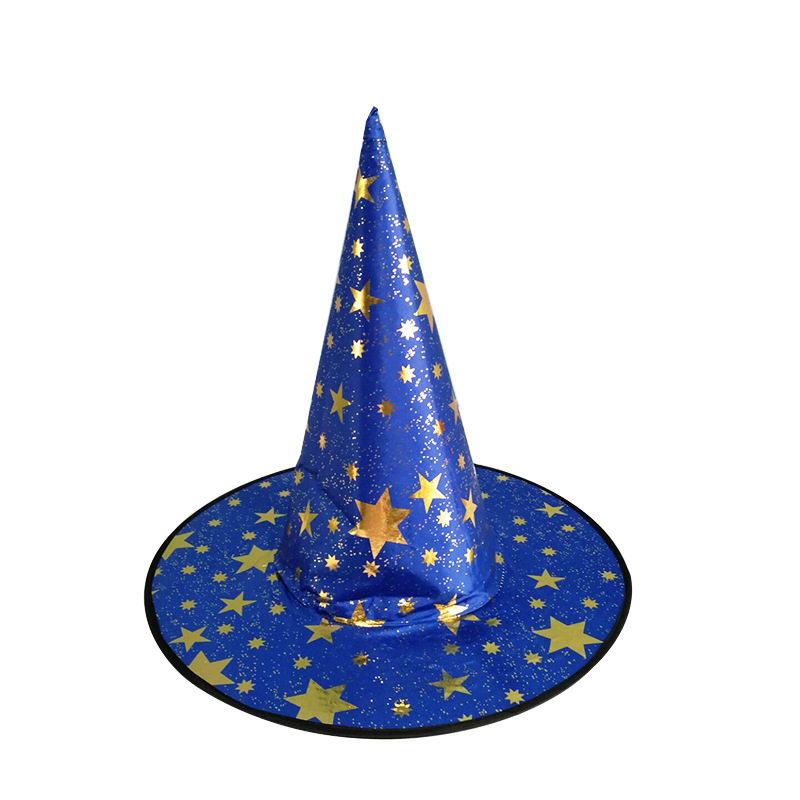 萬聖節帽子兒童成人化粧舞會裝扮魔法師帽燙金巫師帽五角星帽子