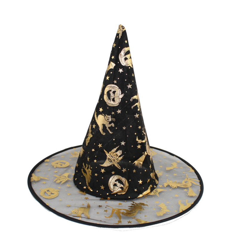 萬聖節單層燙金紗帽兒童成人巫師帽cosplay用品女巫帽巫婆帽