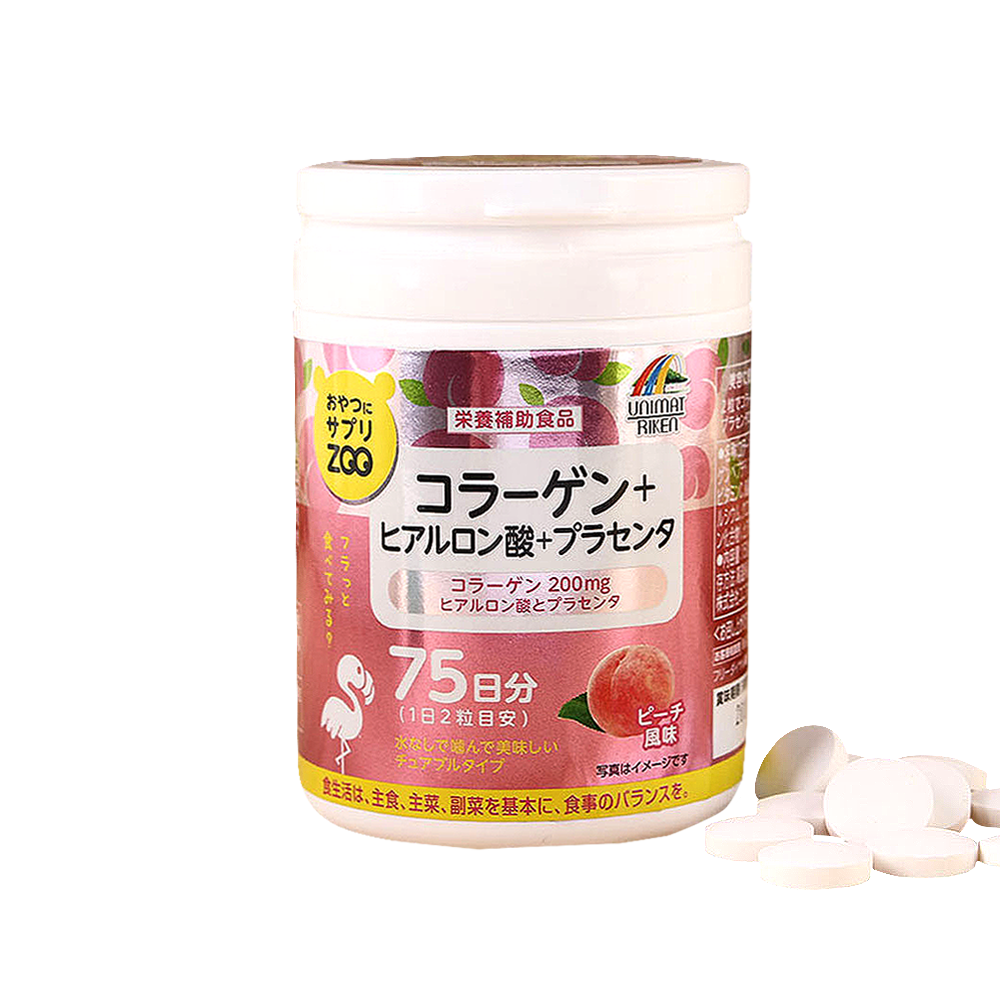 UNIMAT RIKEN ZOO營養補充咀嚼片 膠原蛋白+玻尿酸+胎盤素 水蜜桃味 150粒 70天量