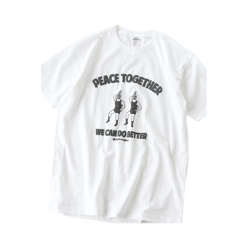 gym master PEACE TOGETHER雙人蒙面摔跤手趣味印花純棉T恤 白色