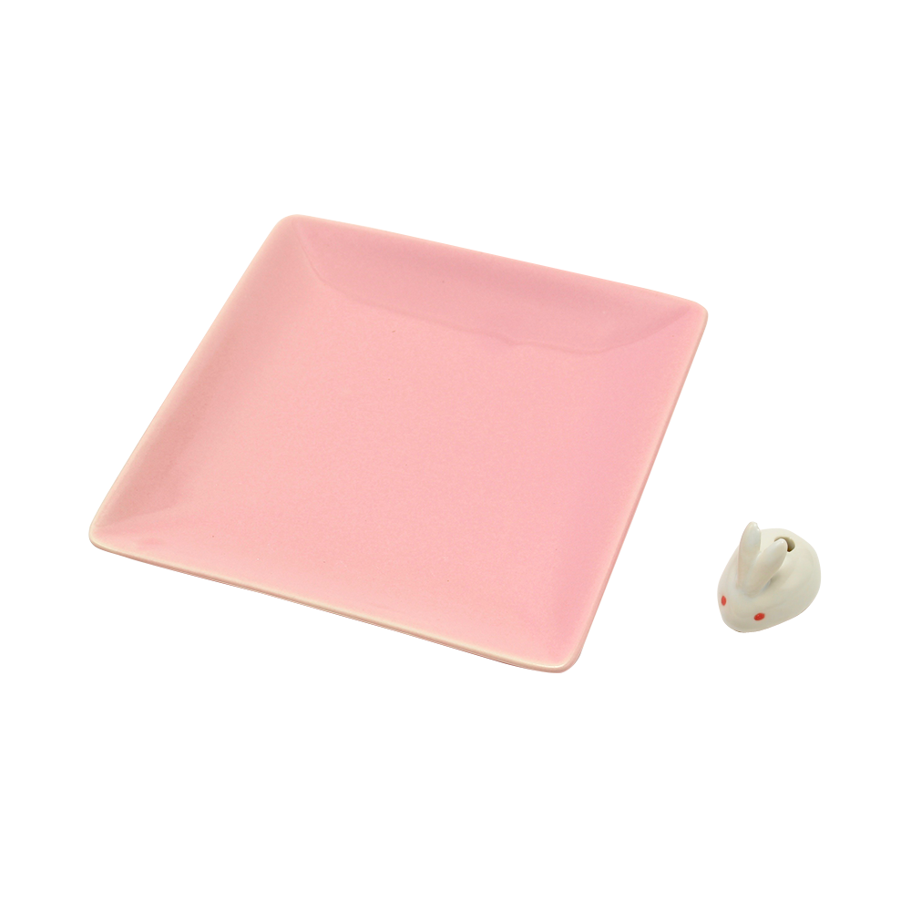 日本香堂 陶瓷香盤＆白兔香立 粉色 1個