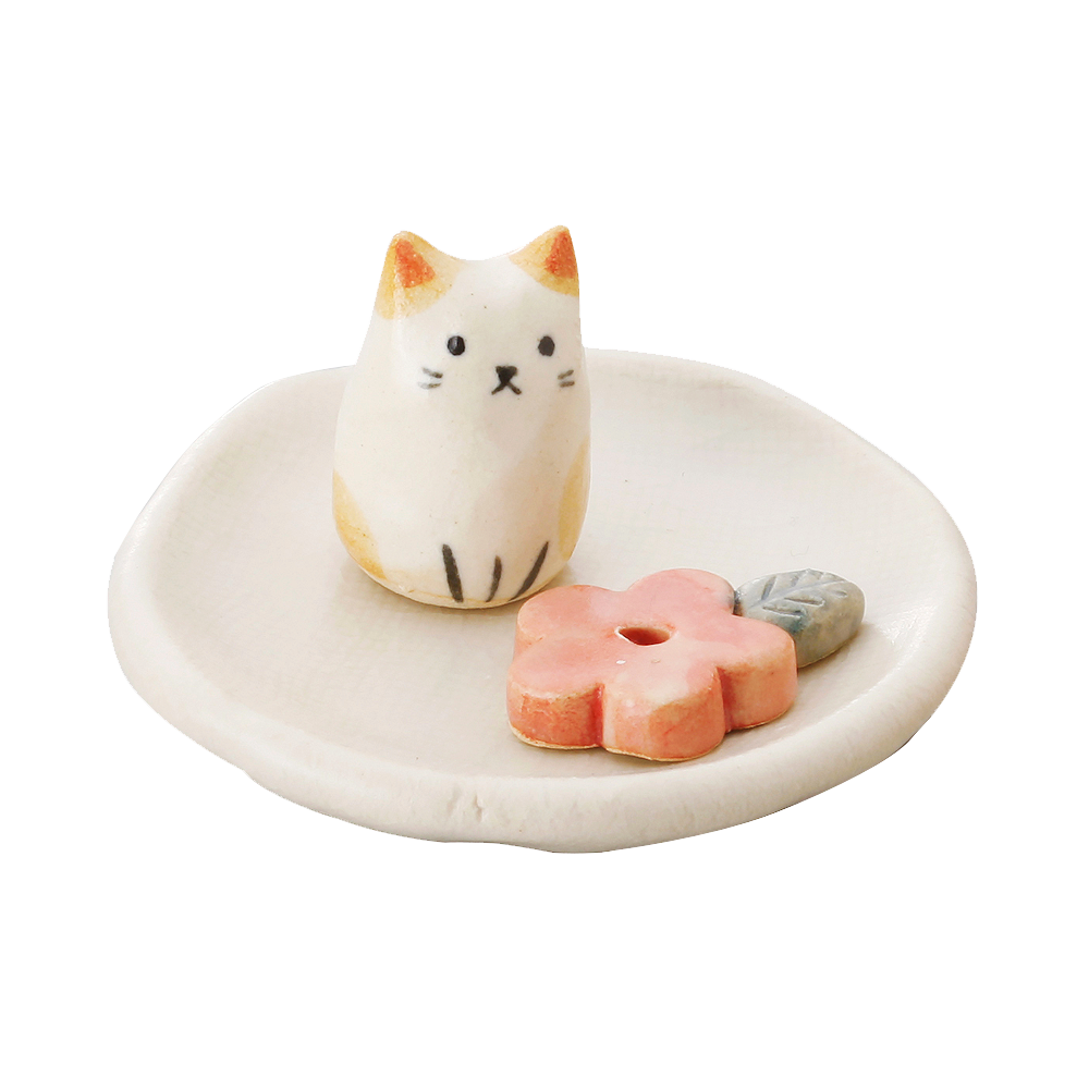 日本香堂 日式陶瓷香盤&香插擺件 #K4329 小花貓 1個