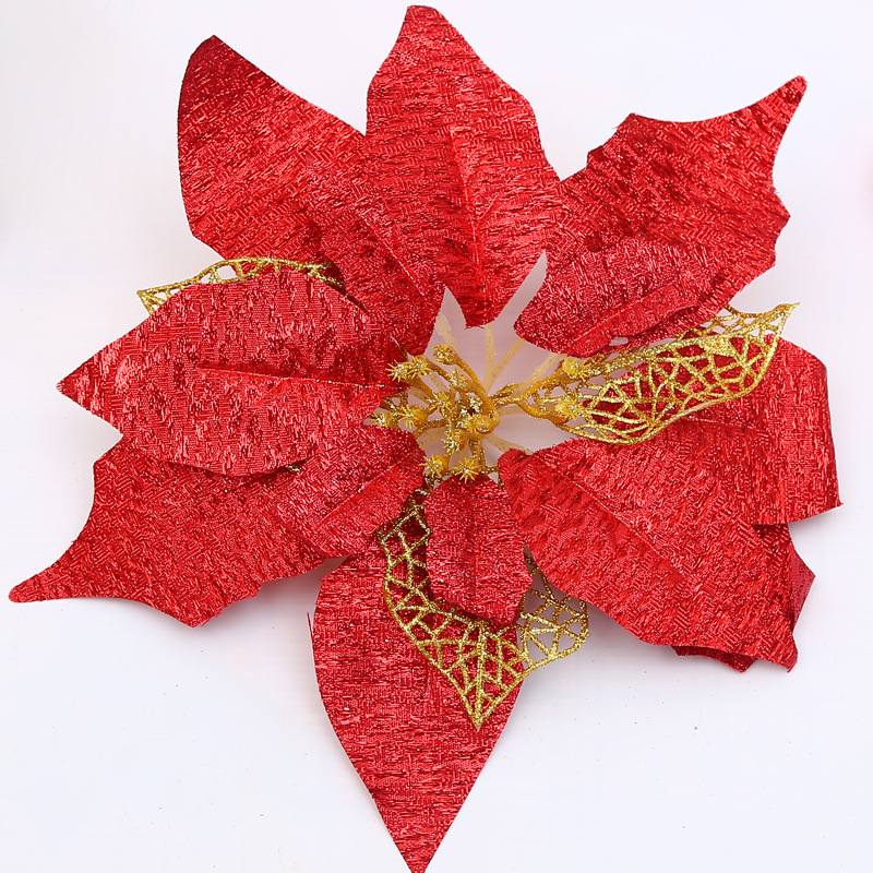 聖誕節裝飾品 鏤空葉金粉布假花 21cm多色聖誕樹花