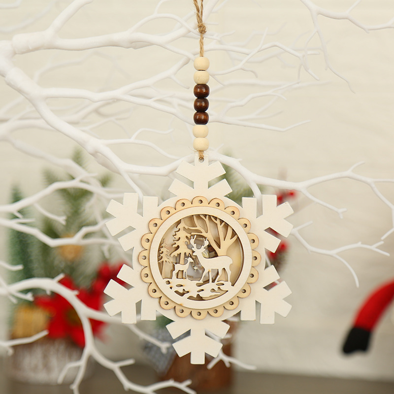 聖誕樹掛件LED白色木質掛飾小夜燈聖誕禮物發光房子五星雪花吊飾