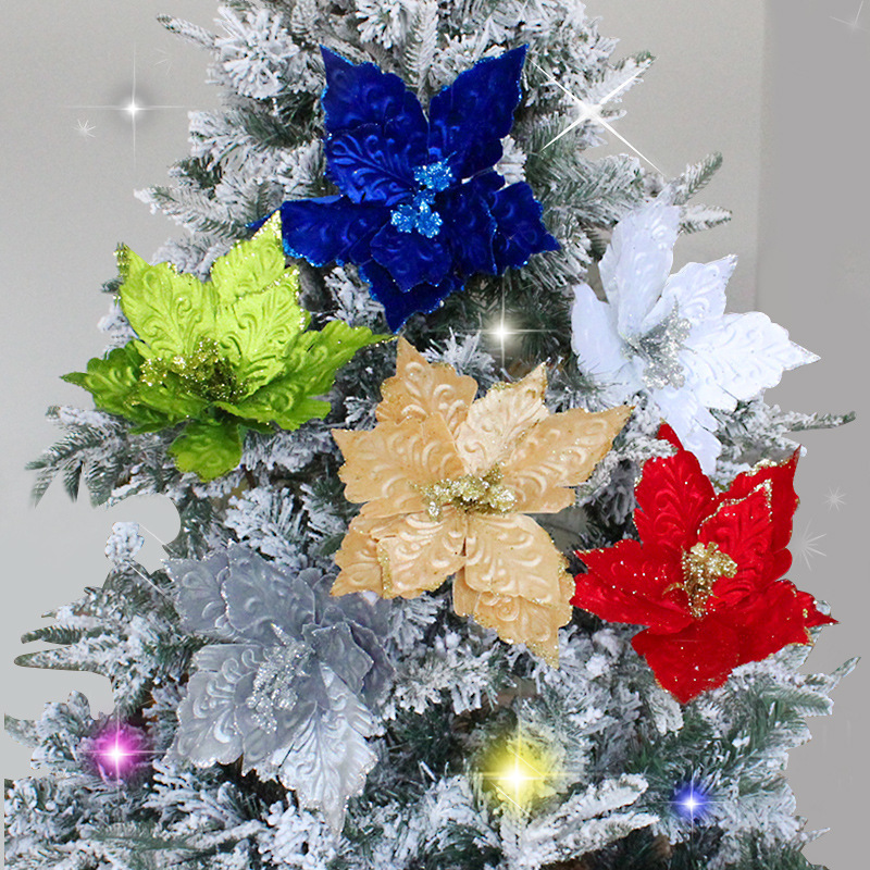 多色聖誕花插枝花聖誕樹裝飾配件絨布聖誕花裝飾品