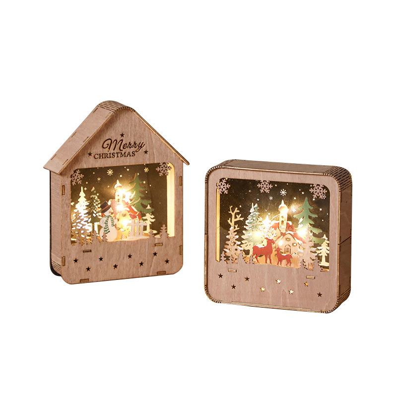聖誕老人小木屋發光木質房子桌面擺件彩繪led小夜燈裝飾品