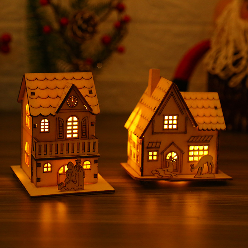 新款聖誕樹木製掛件LED木質發光聖誕房子別墅 小夜燈兒童聖誕木屋
