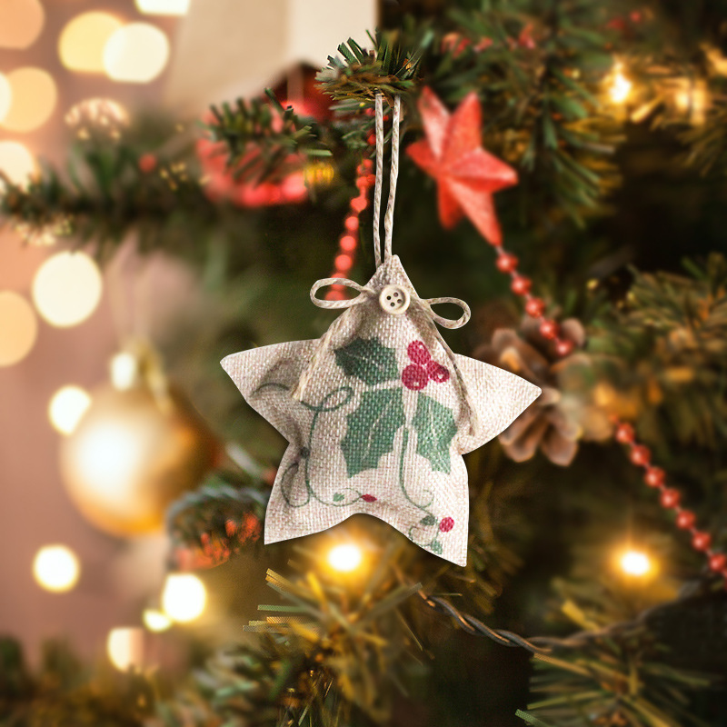 新款聖誕節麻布掛件聖誕樹商場裝飾品小吊飾印花五角星