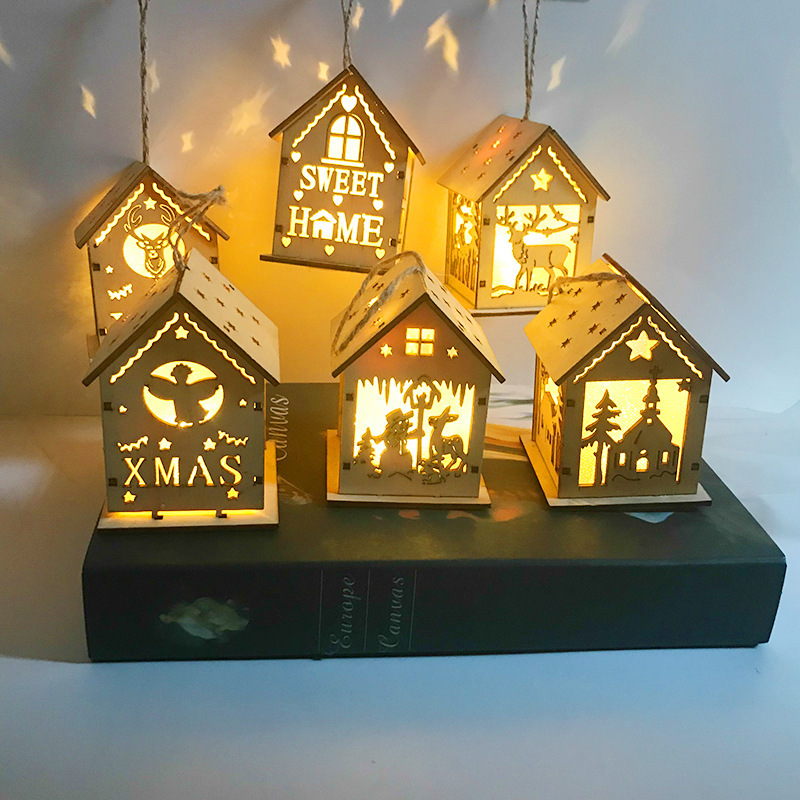 聖誕樹木製掛件LED小木屋迷你發光雪房子小夜燈 兒童聖誕禮物