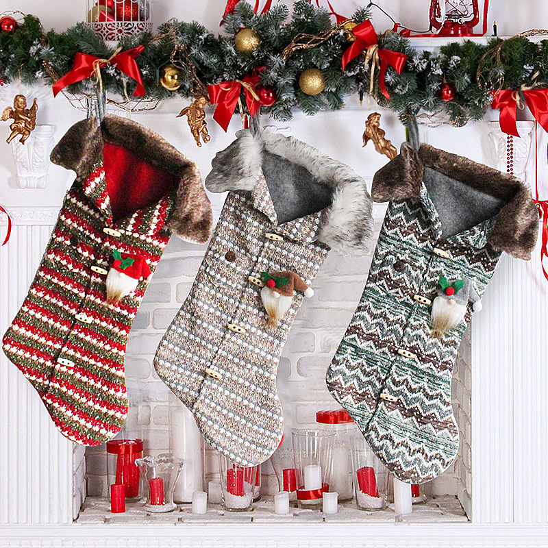 港之戀格子款聖誕襪針織糖果袋聖誕樹掛飾襪子節日禮物袋裝飾道具