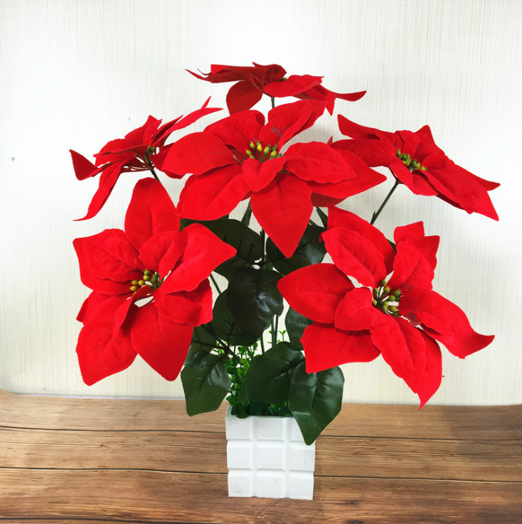新款聖誕花一品紅 植物一品紅花束 裝飾絨布聖誕花