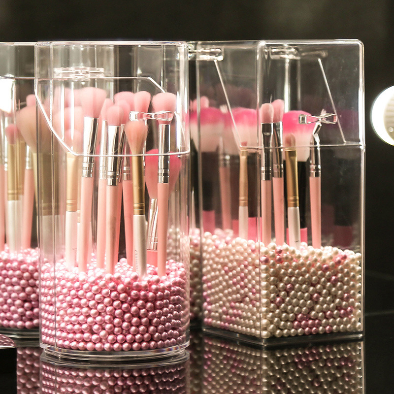 眉筆美粧刷桌面收納盒化粧品筆筒刷 防塵有蓋珍珠化粧刷桶