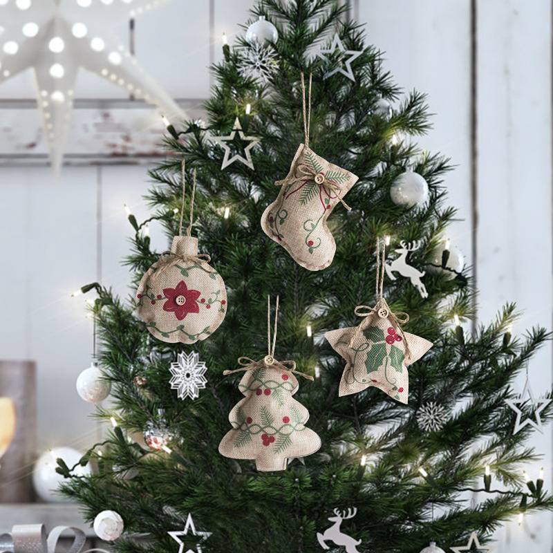 新款聖誕節麻布掛件聖誕樹商場裝飾品小吊飾印花五角星