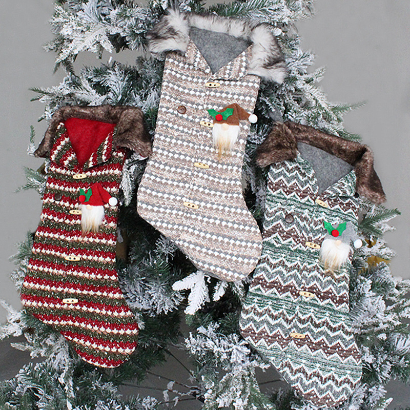 港之戀格子款聖誕襪針織糖果袋聖誕樹掛飾襪子節日禮物袋裝飾道具