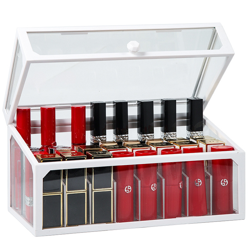 網紅桌面梳粧枱化粧品盒有蓋加高防塵脣釉盒玻璃透明口紅收納盒