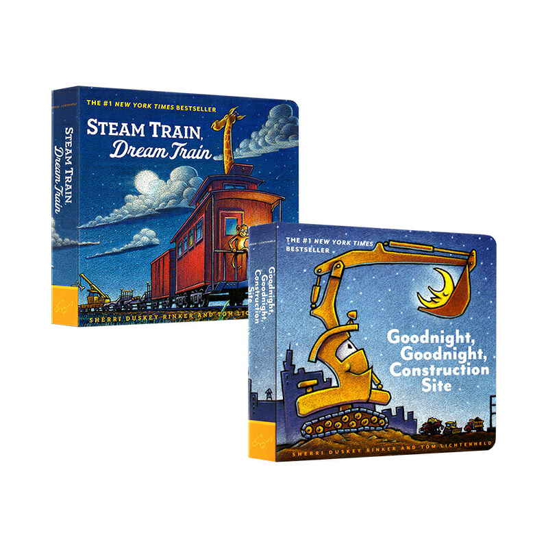 英文原版繪本 Goodnight Goodnight Construction Site and Steam Train 紙板書 2冊盒裝 晚安工地上的車蒸汽火車夢幻火車