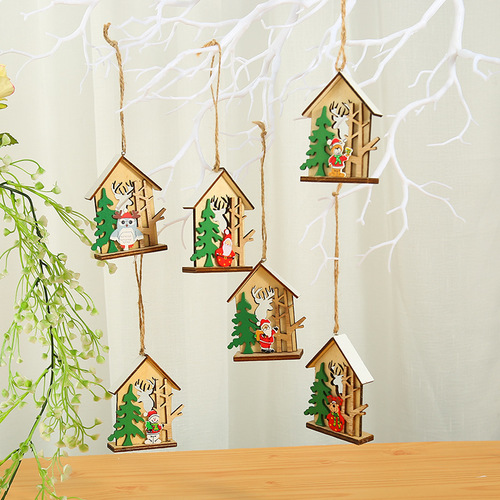 聖誕木質彩色房子掛件節日派對裝飾道具 聖誕樹掛飾小禮物吊飾