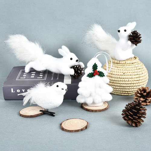 聖誕節裝飾品白色植毛泡沫松鼠熊創意動物擺件 迷你聖誕樹掛飾