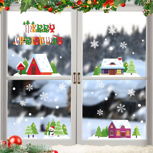 新款聖誕節貼紙聖誕雪屋 雪人靜電貼玻璃櫥窗聖誕裝飾貼畫