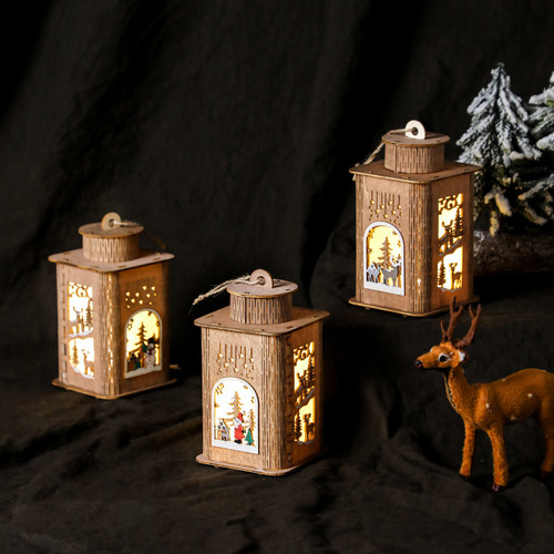木質聖誕帶燈房子燭台桌面擺台防風燈道具彩繪聖誕小夜燈