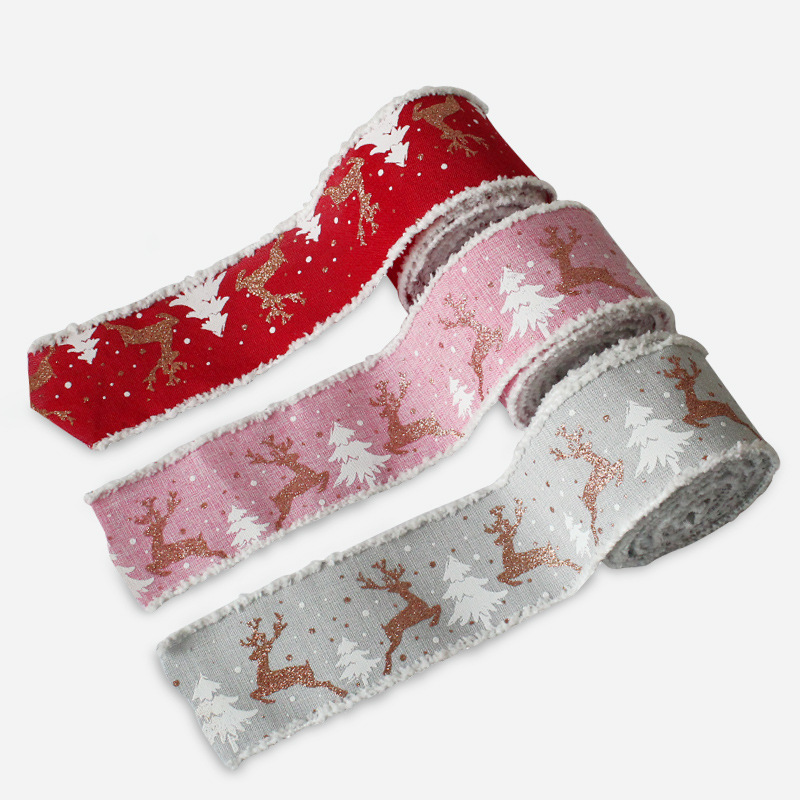 聖誕節印花絲帶三色麋鹿早上織帶diy鐵絲花邊麻布卷禮品袋