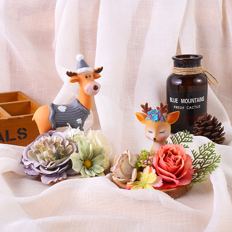 創意一鹿有你永生花玫瑰乾花擺件可愛小鹿車內裝飾品生日禮物