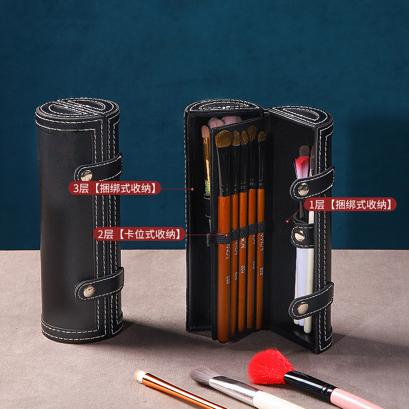 黑色皮質化粧刷包眉筆筒眼線筆收納盒 便攜式 帶鏡子專業化粧刷桶
