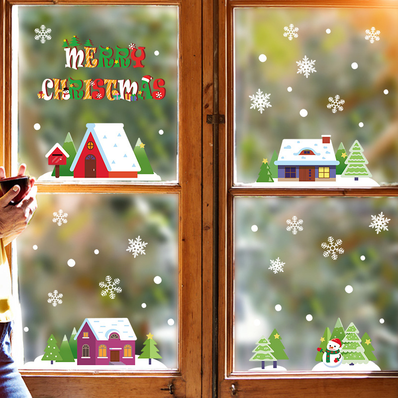 新款聖誕節貼紙聖誕雪屋 雪人靜電貼玻璃櫥窗聖誕裝飾貼畫